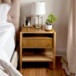 Wood Nightstand with Drawer & Seagrass Storage Light Brown (Set of 2)
