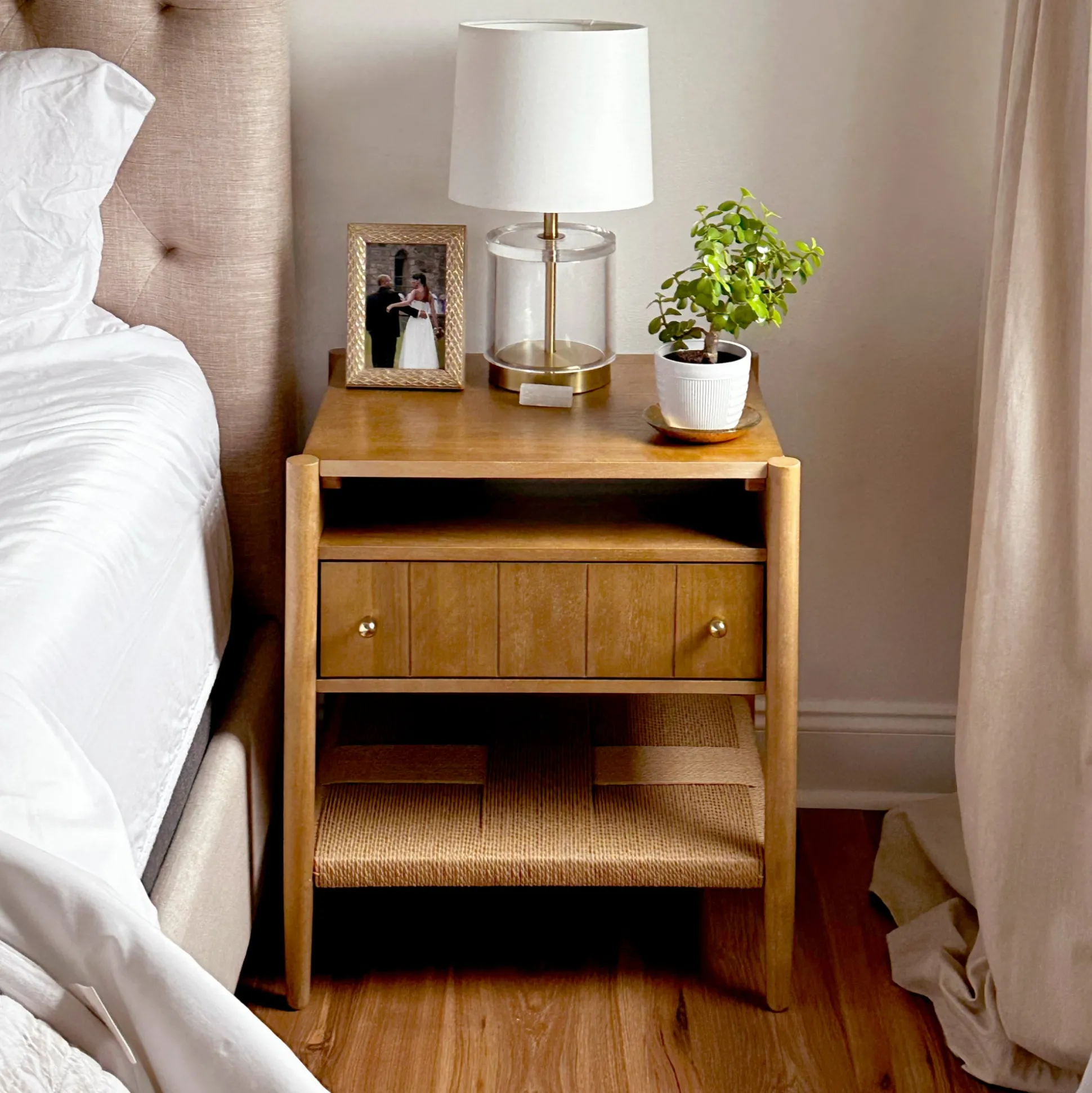 Wood Nightstand with Drawer & Seagrass Storage Light Brown (Set of 2)