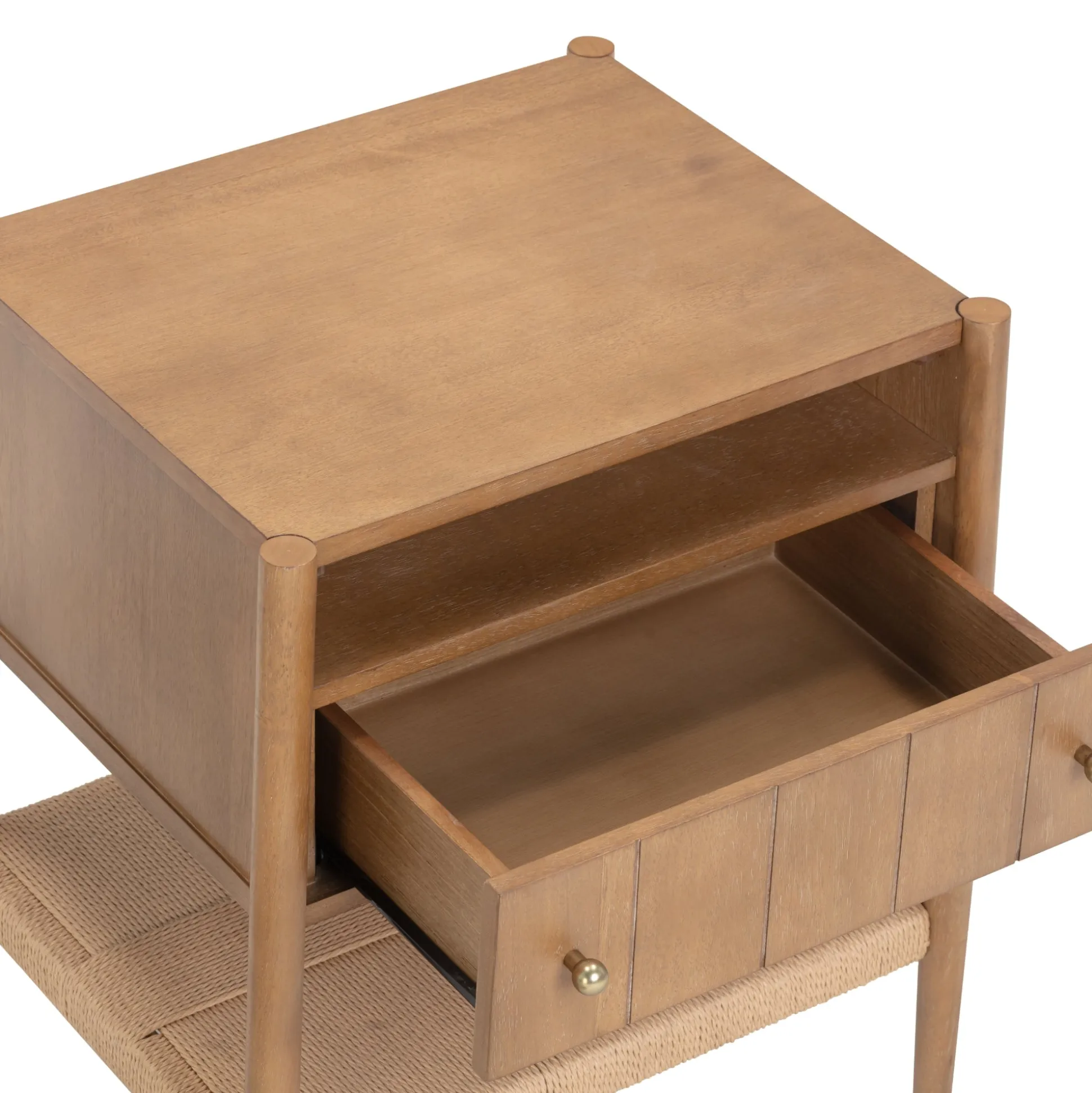 Wood Nightstand with Drawer & Seagrass Storage Light Brown (Set of 2)