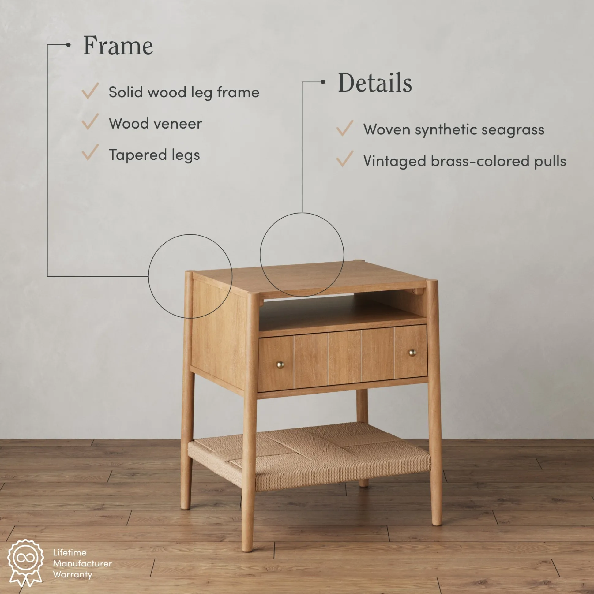 Wood Nightstand with Drawer & Seagrass Storage Light Brown (Set of 2)