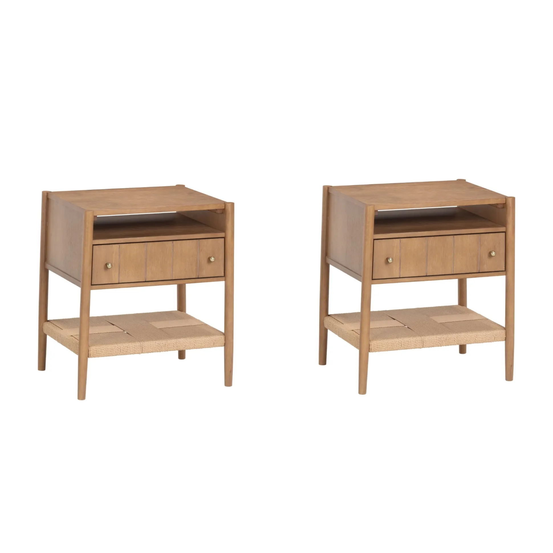 Wood Nightstand with Drawer & Seagrass Storage Light Brown (Set of 2)