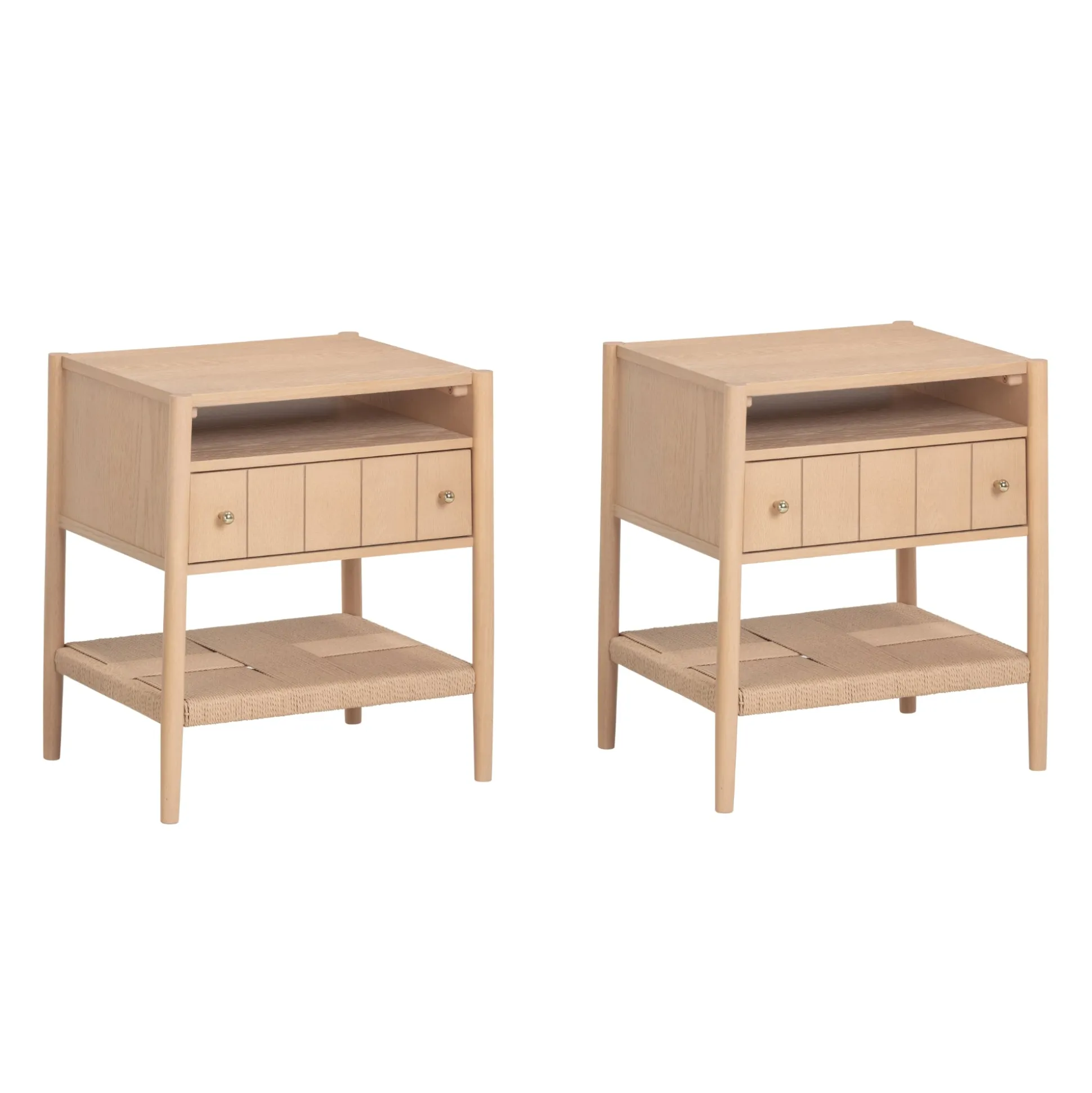 Wood Nightstand with Drawer & Seagrass Storage Raw Oak (Set of 2)
