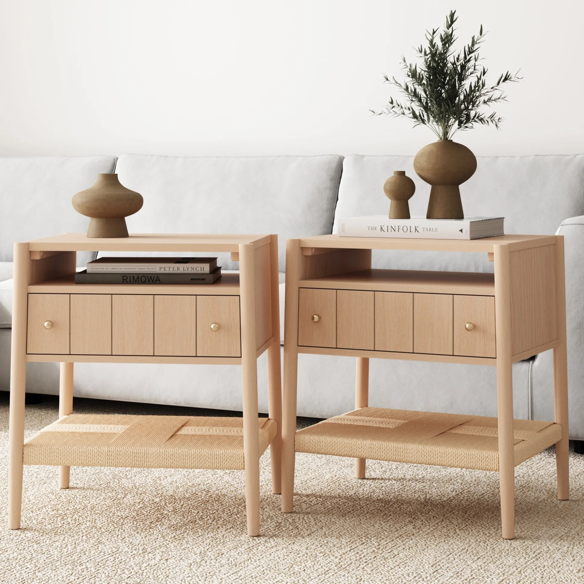 Wood Nightstand with Drawer & Seagrass Storage Raw Oak (Set of 2)