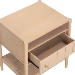 Wood Nightstand with Drawer & Seagrass Storage Raw Oak (Set of 2)