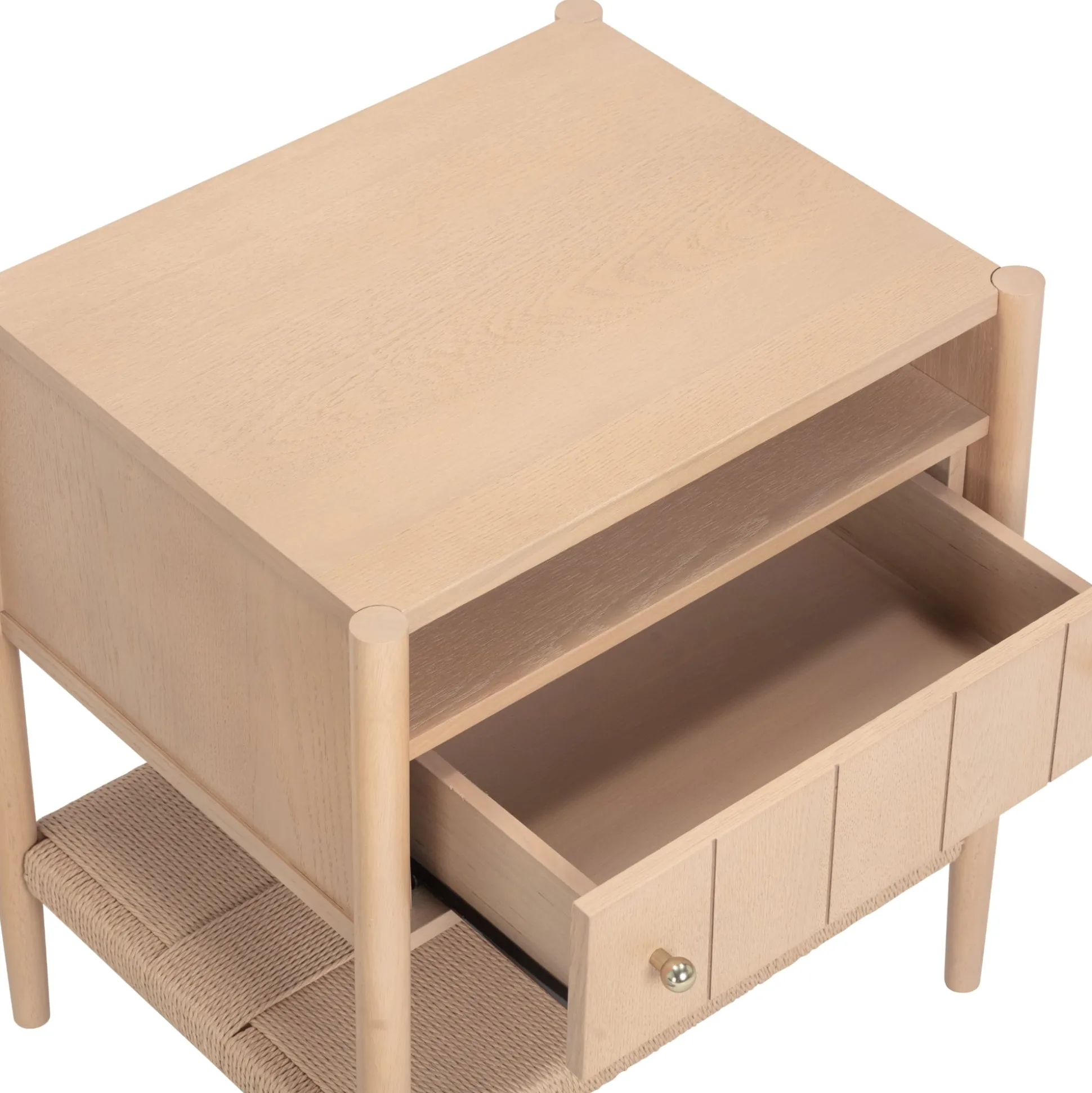 Wood Nightstand with Drawer & Seagrass Storage Raw Oak (Set of 2)