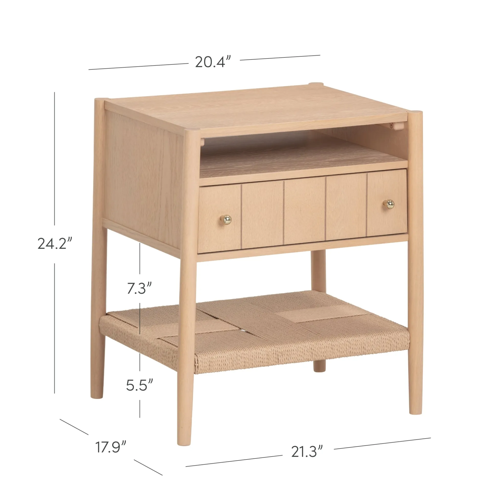 Wood Nightstand with Drawer & Seagrass Storage Raw Oak (Set of 2)