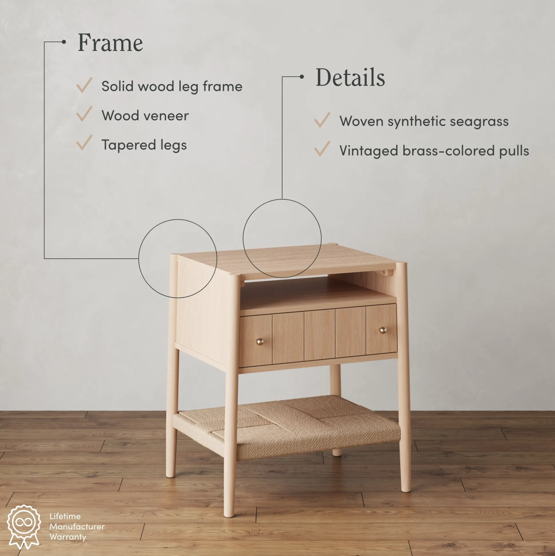 Wood Nightstand with Drawer & Seagrass Storage Raw Oak (Set of 2)