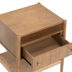 Wood Nightstand with Drawer & Seagrass Storage Light Brown