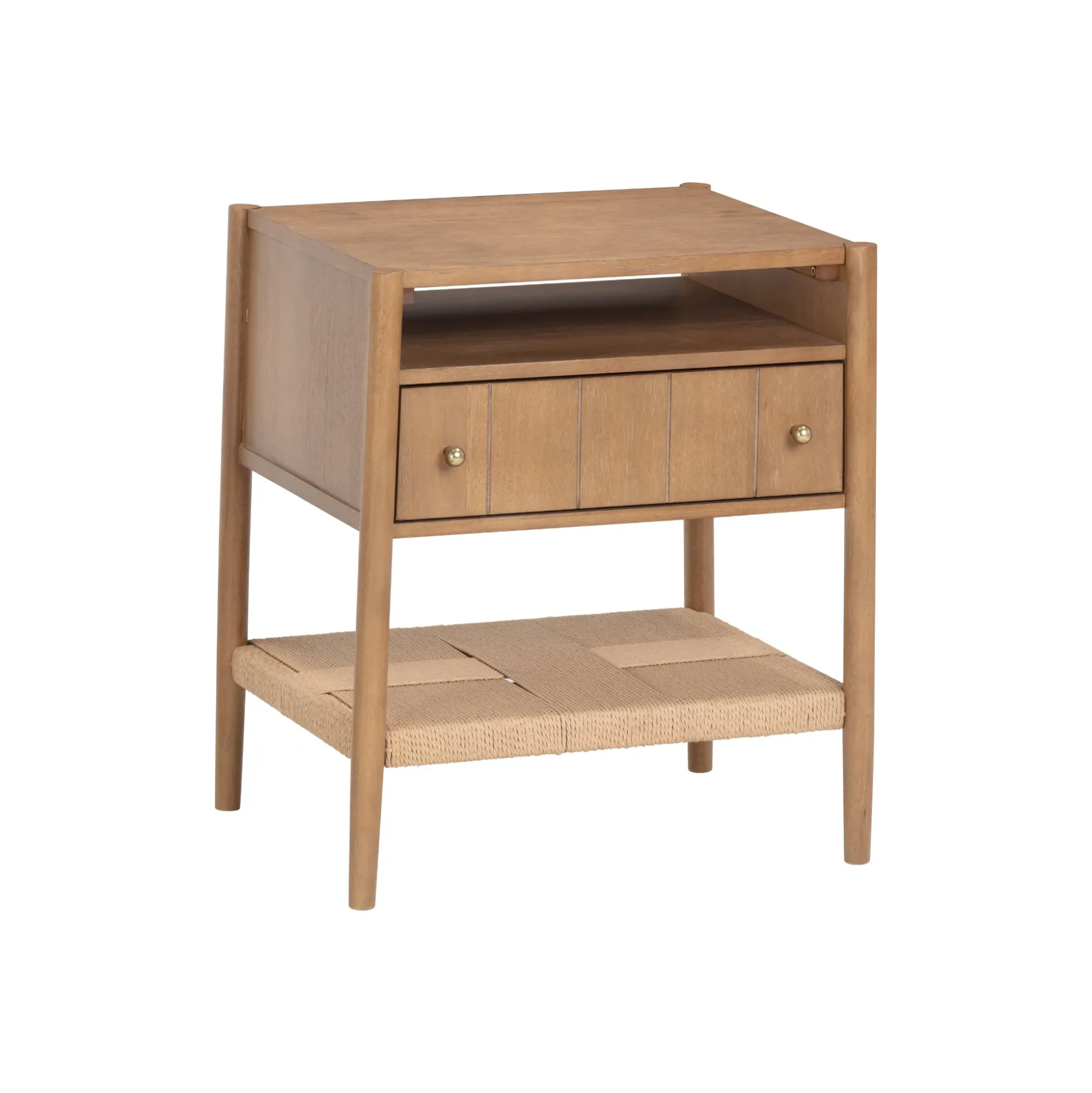 Wood Nightstand with Drawer & Seagrass Storage Light Brown