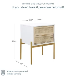 Wood & Rattan 2-Drawer Nightstand White