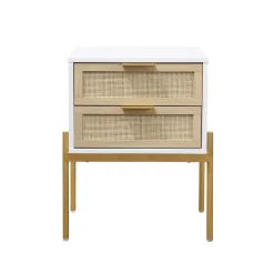 Wood & Rattan 2-Drawer Nightstand White