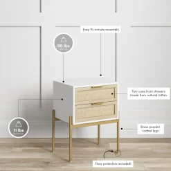 Wood & Rattan 2-Drawer Nightstand White