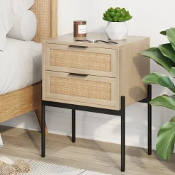 Wood & Rattan 2-Drawer Nightstand Light Oak