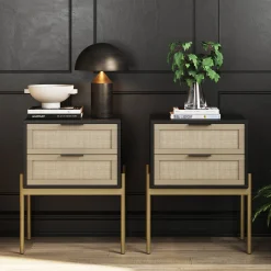 Wood & Rattan Nightstands Black (Set of 2)