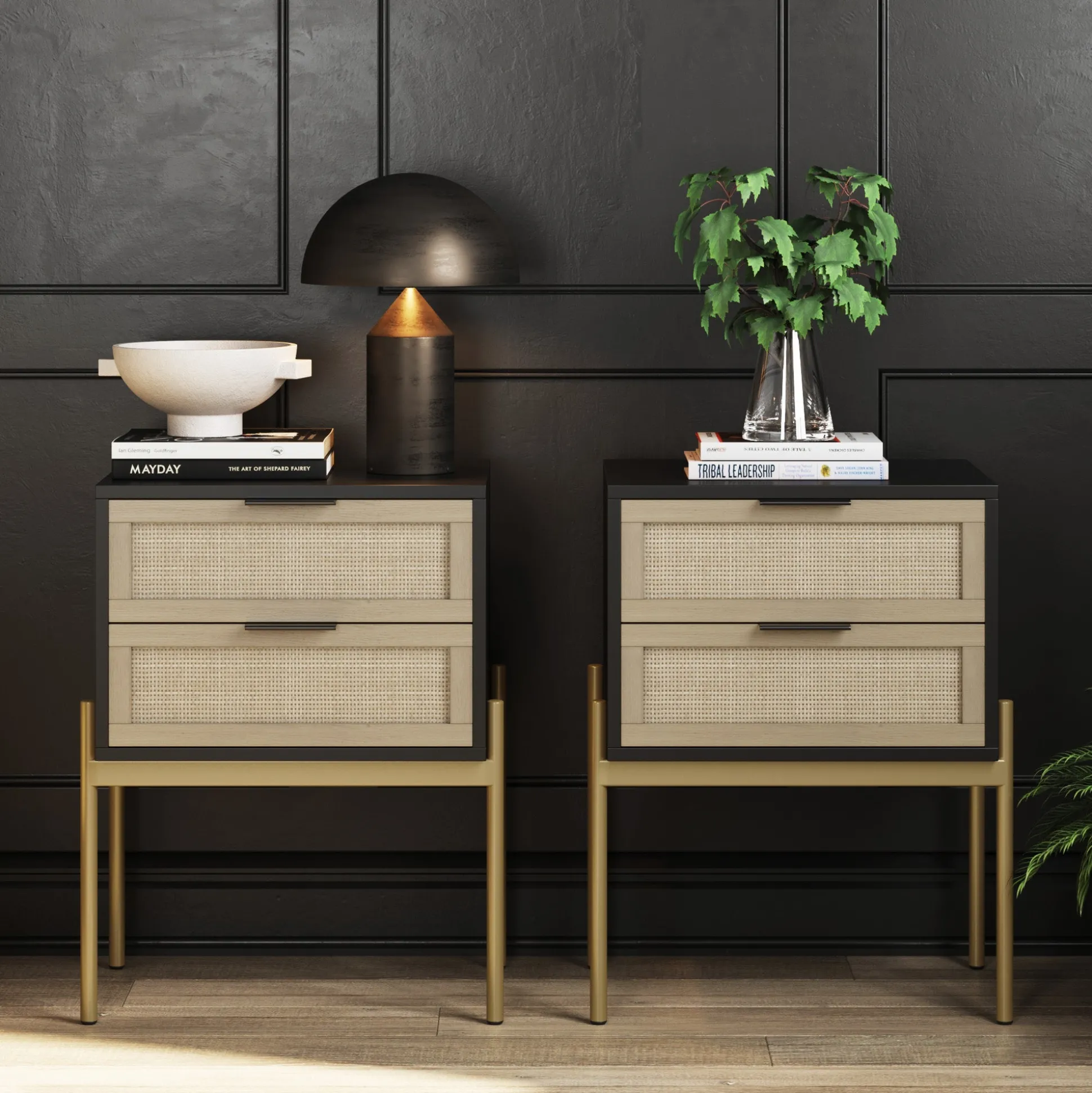 Wood & Rattan Nightstands Black (Set of 2)