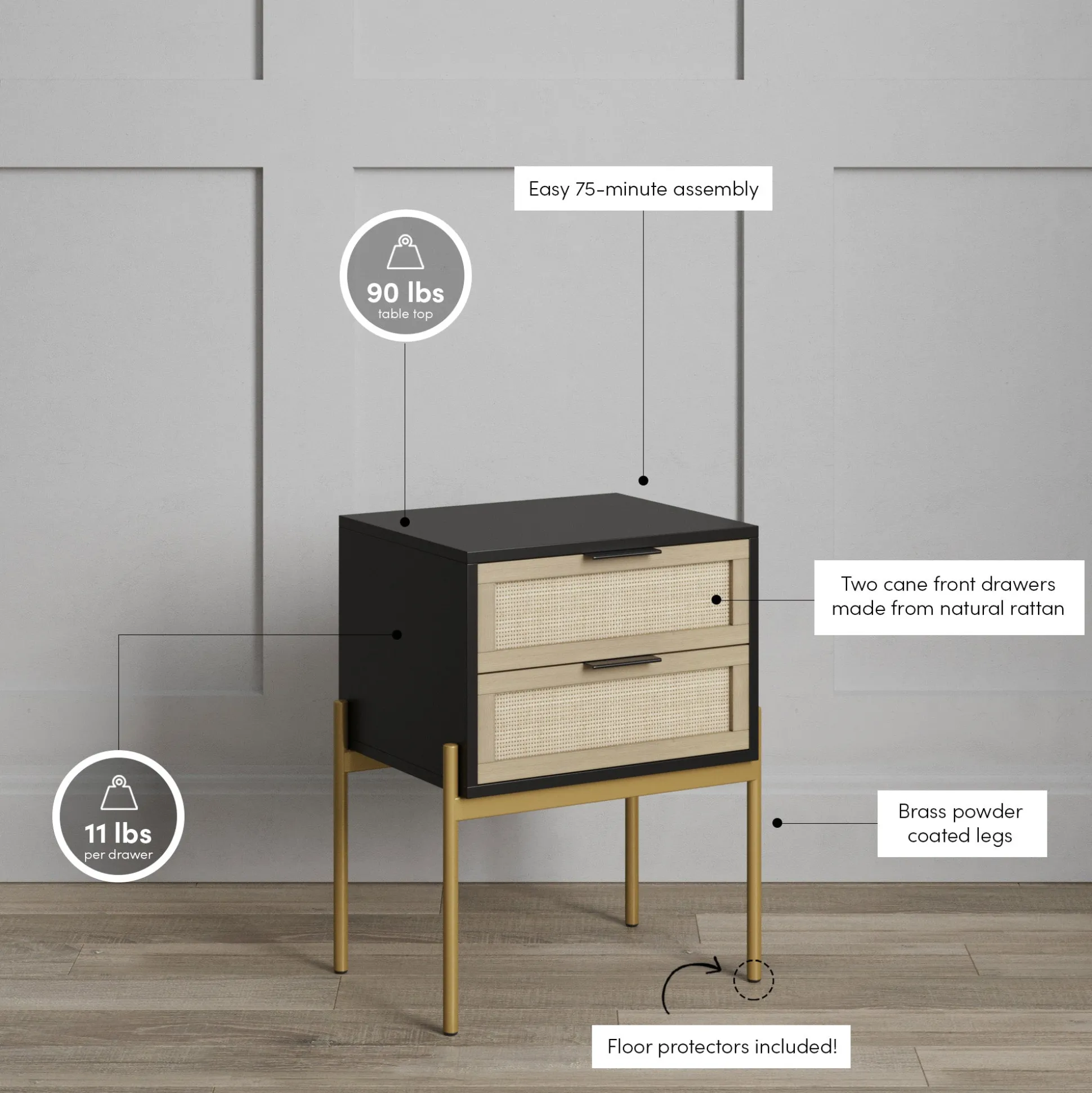 Wood & Rattan Nightstands Black (Set of 2)