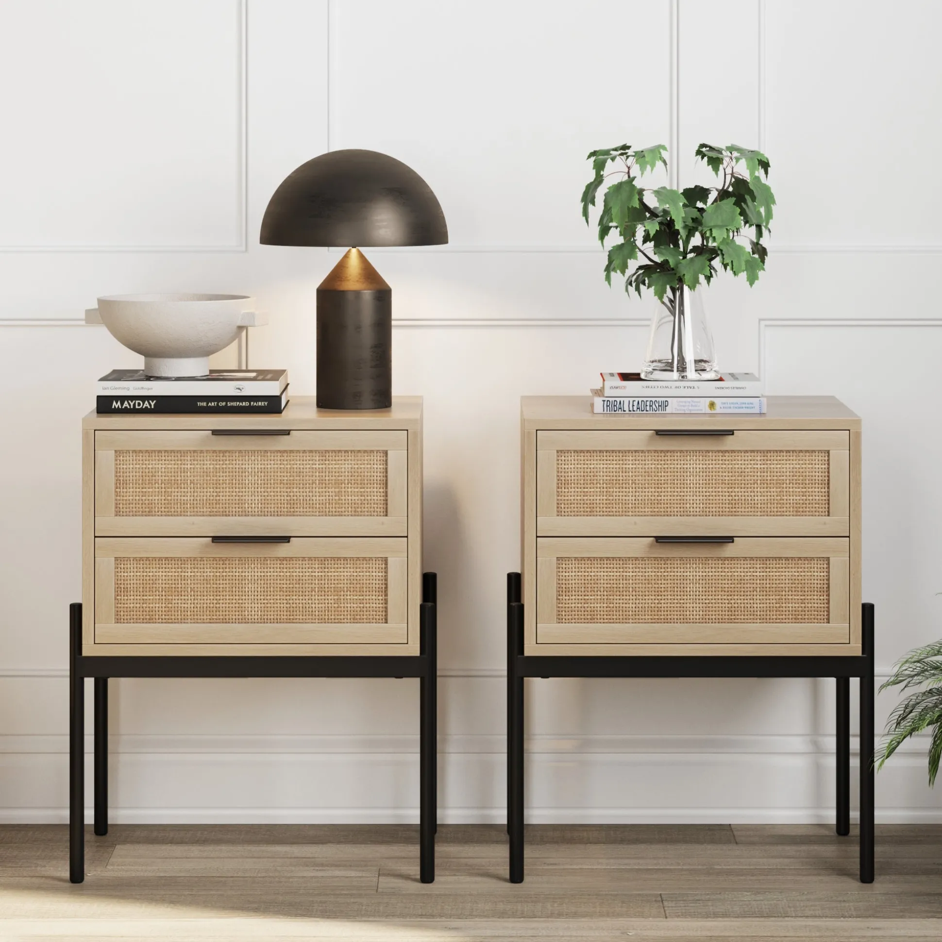 Wood & Rattan Nightstands Light Oak (Set of 2)