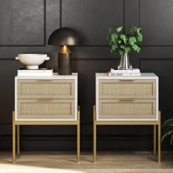 Wood & Rattan Nightstands White (Set of 2)