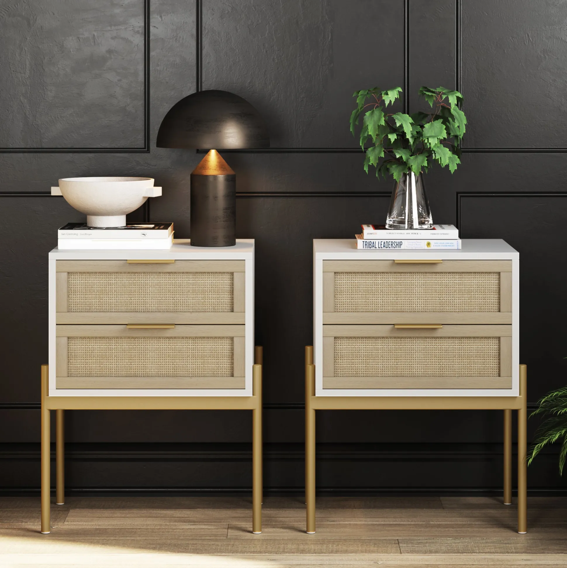 Wood & Rattan Nightstands White (Set of 2)