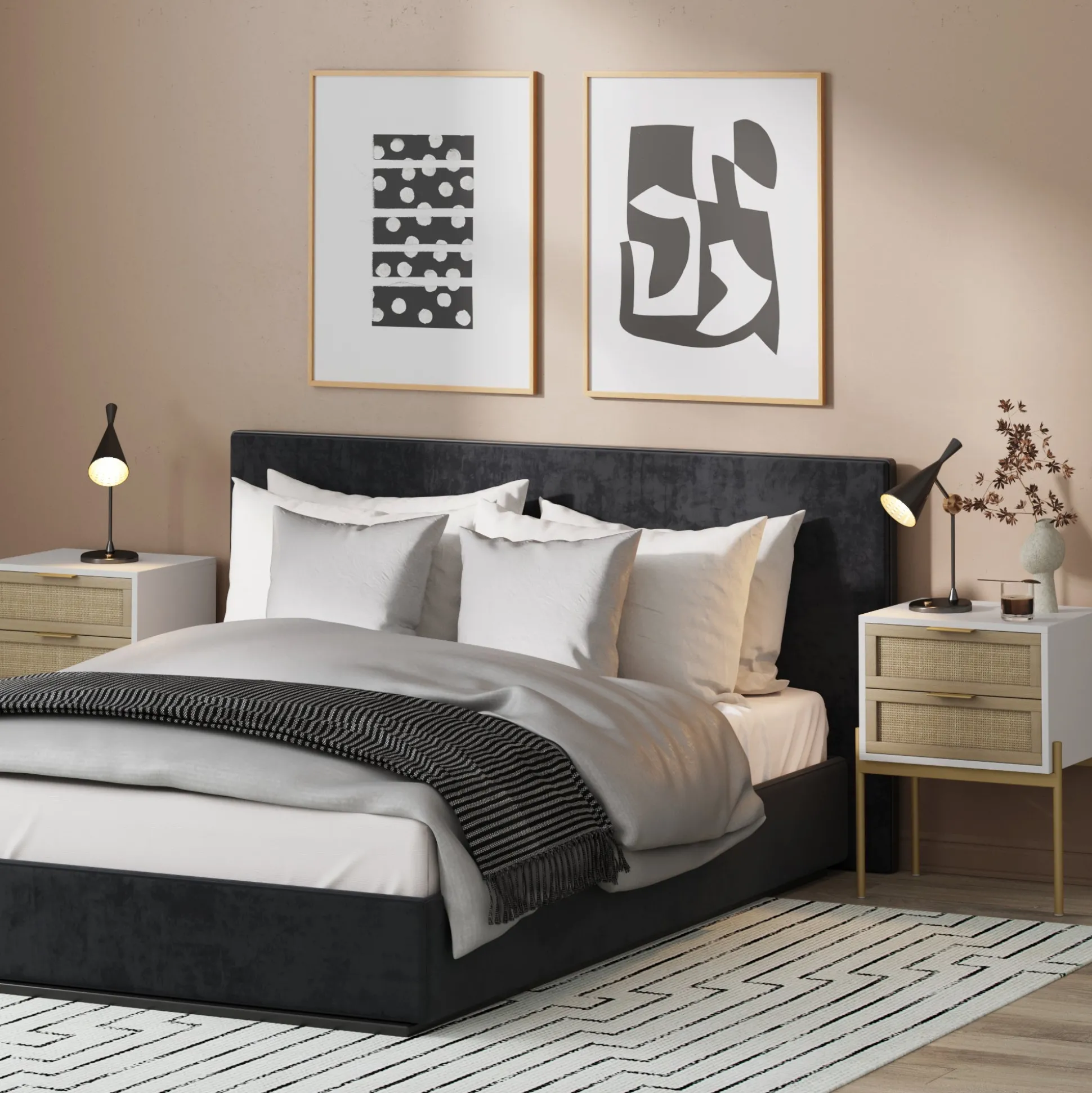 Wood & Rattan Nightstands White (Set of 2)