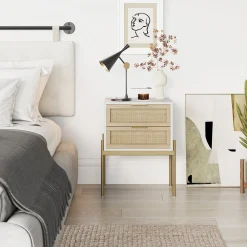 Wood & Rattan Nightstands White (Set of 2)