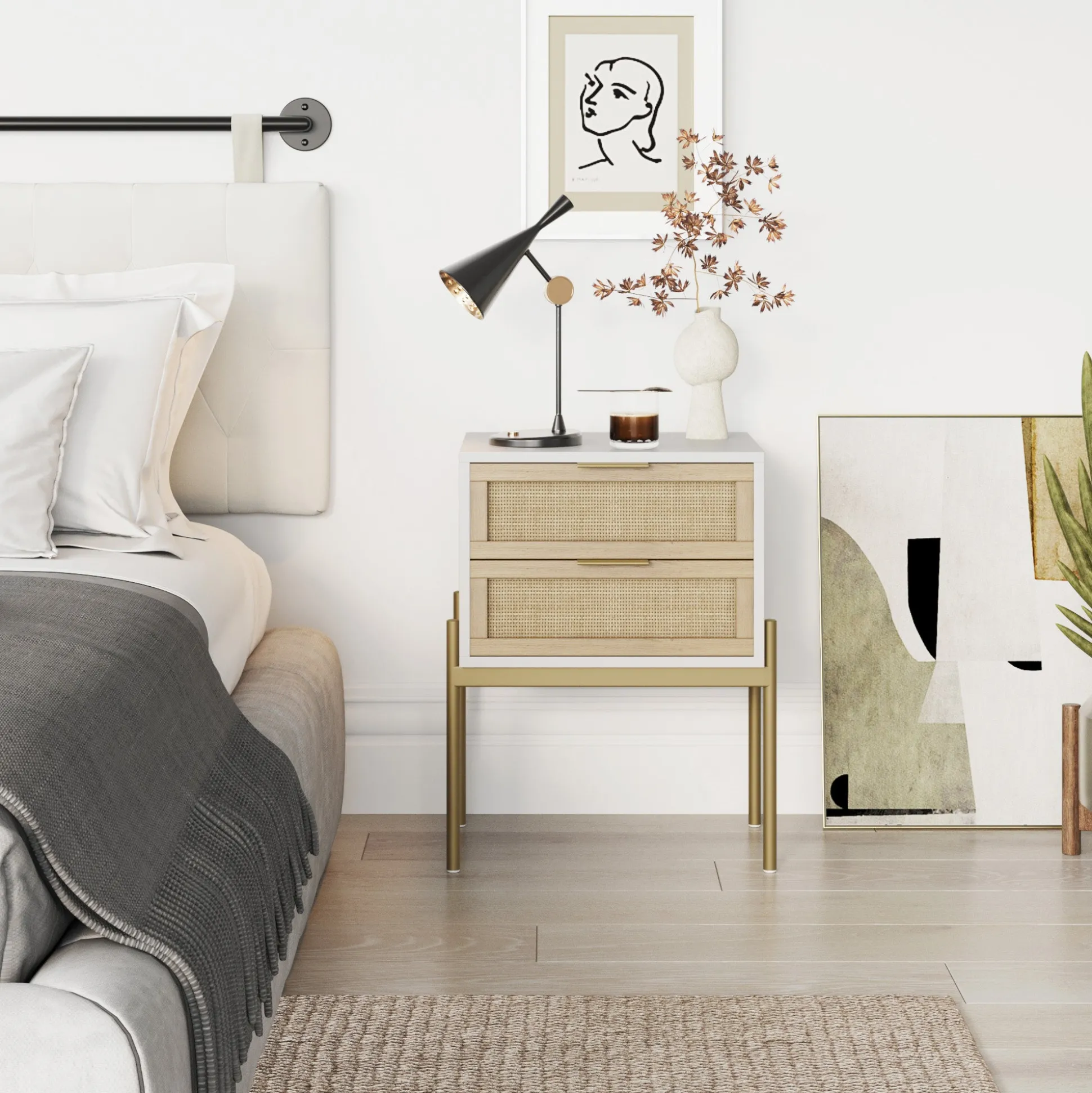 Wood & Rattan Nightstands White (Set of 2)