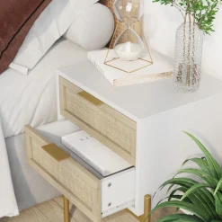 Wood & Rattan Nightstands White (Set of 2)