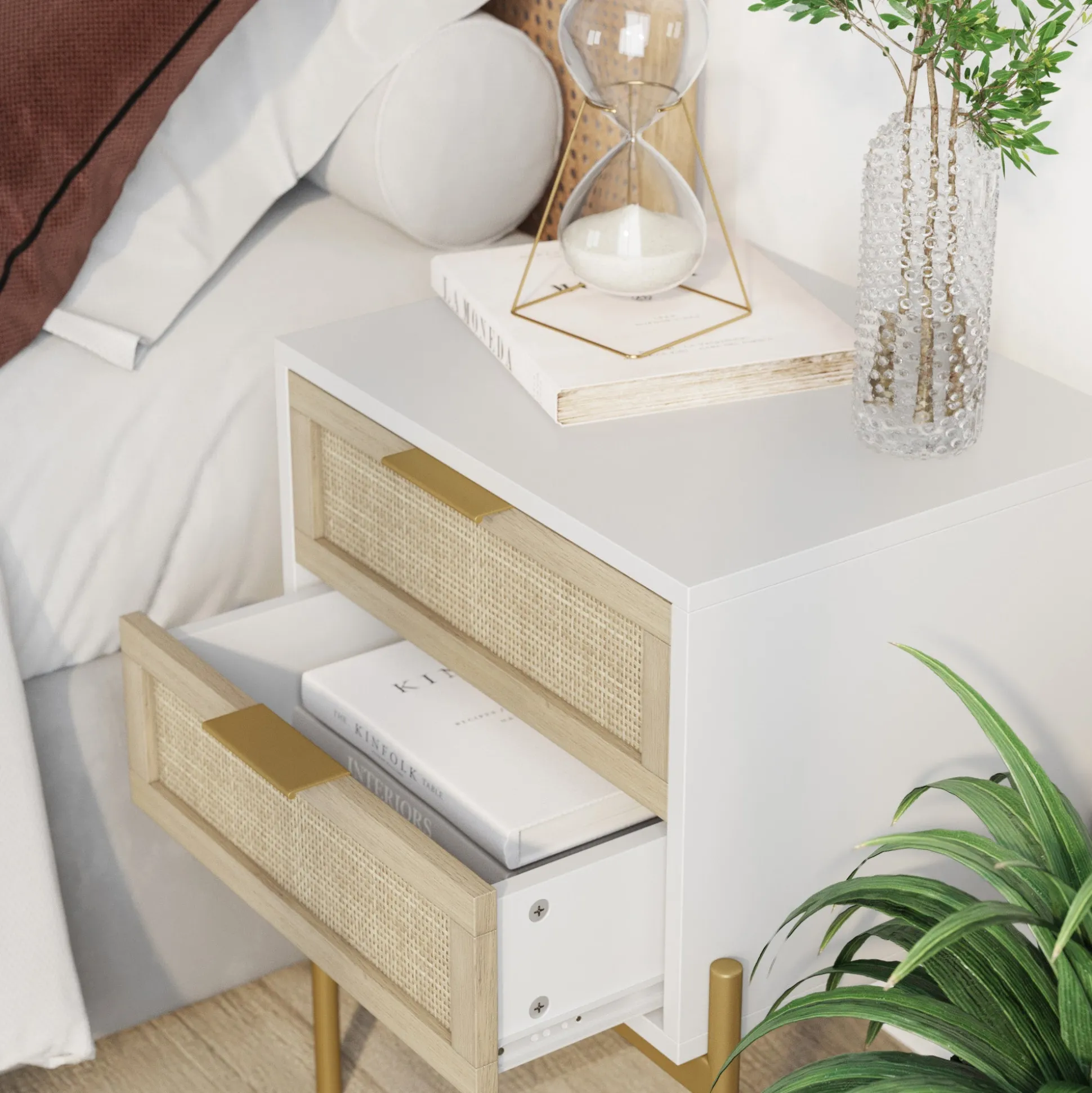 Wood & Rattan Nightstands White (Set of 2)
