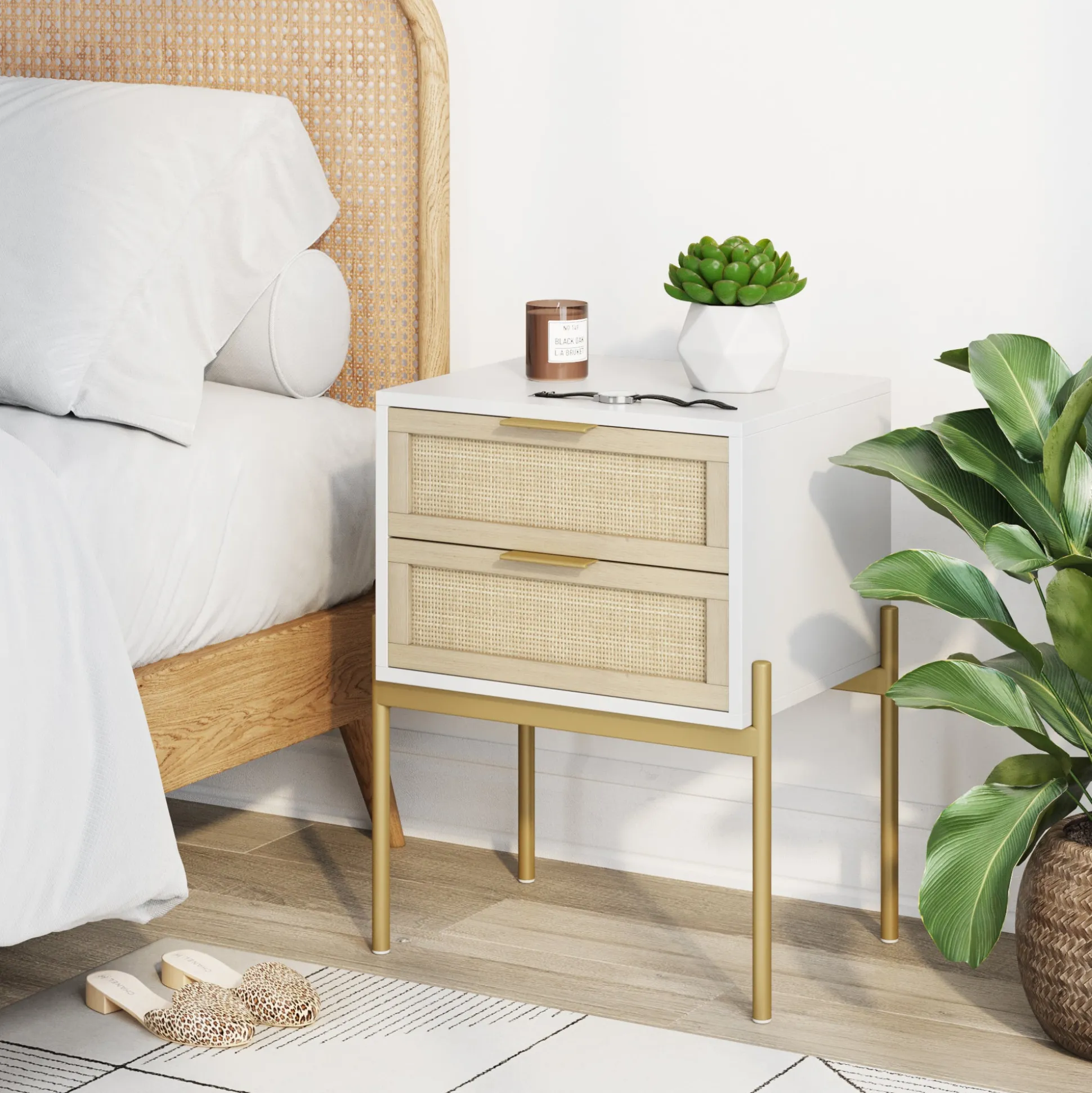 Wood & Rattan Nightstands White (Set of 2)