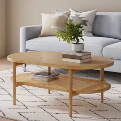 Wood & Rattan Oval Coffee Table Warm Pine
