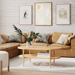 Wood & Rattan Oval Coffee Table Warm Pine