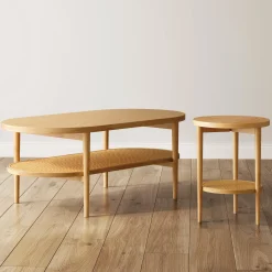 Wood & Rattan Oval Coffee Table Warm Pine