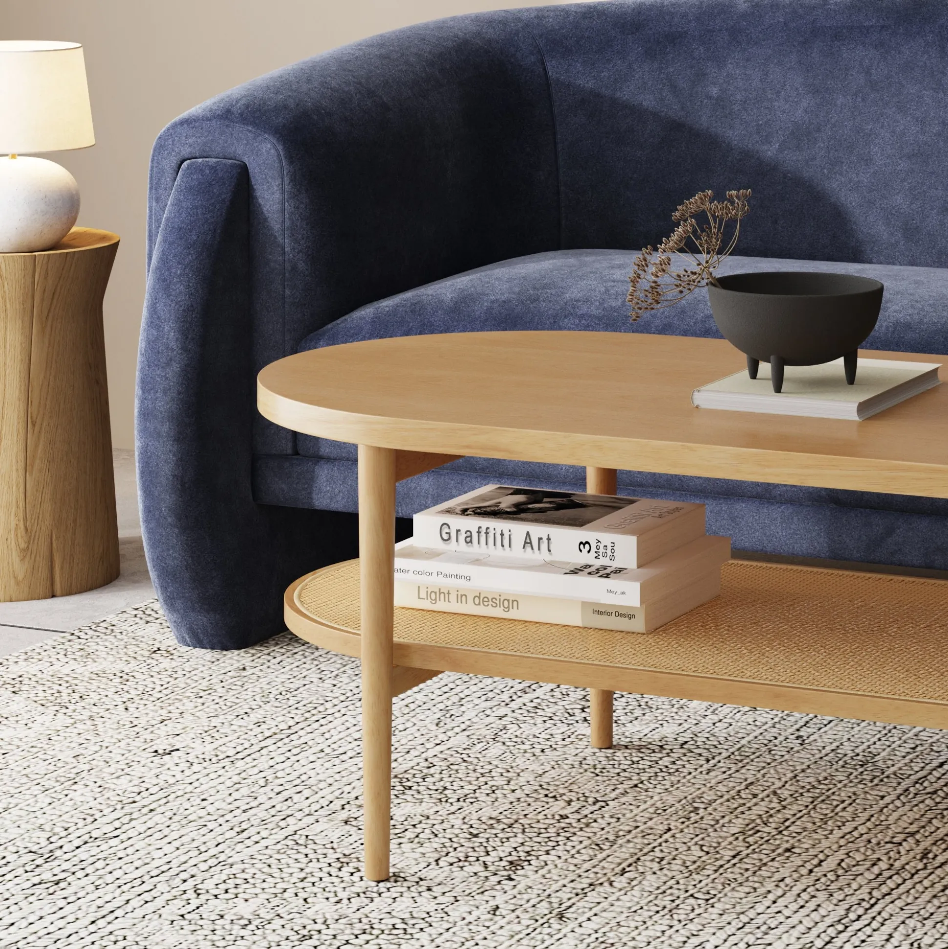 Wood & Rattan Oval Coffee Table Warm Pine