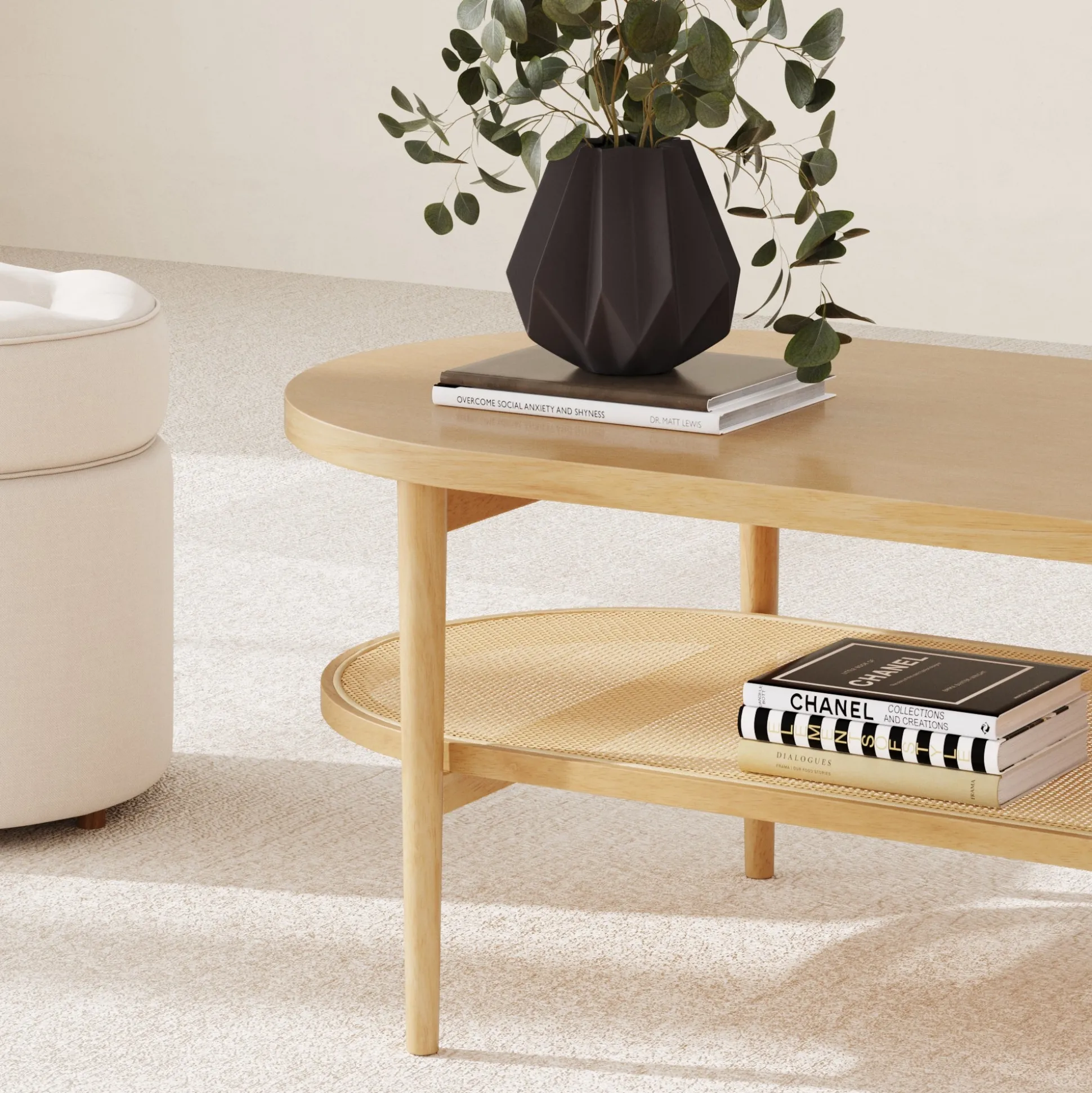 Wood & Rattan Oval Coffee Table Warm Pine