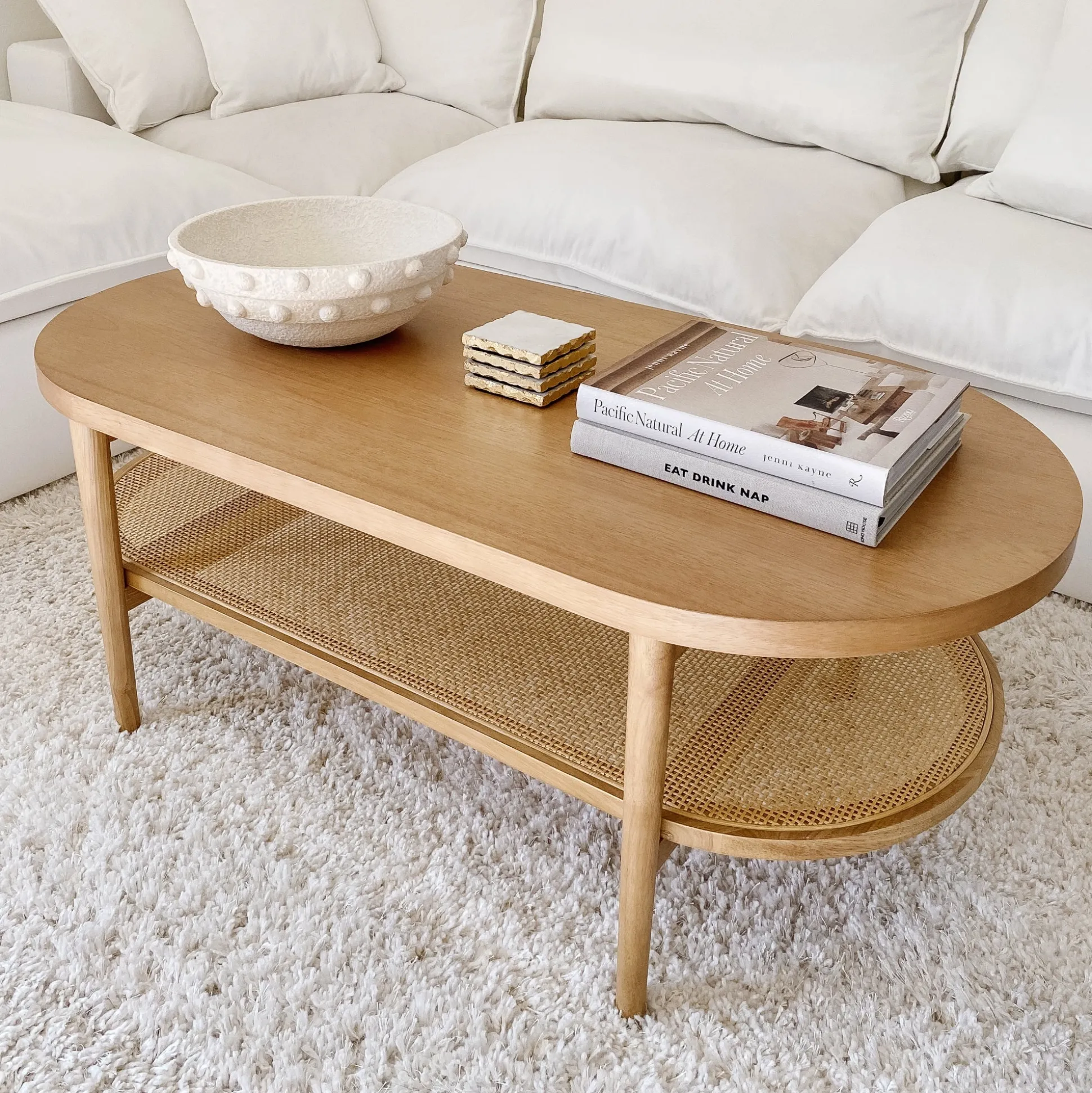 Wood & Rattan Oval Coffee Table Warm Pine