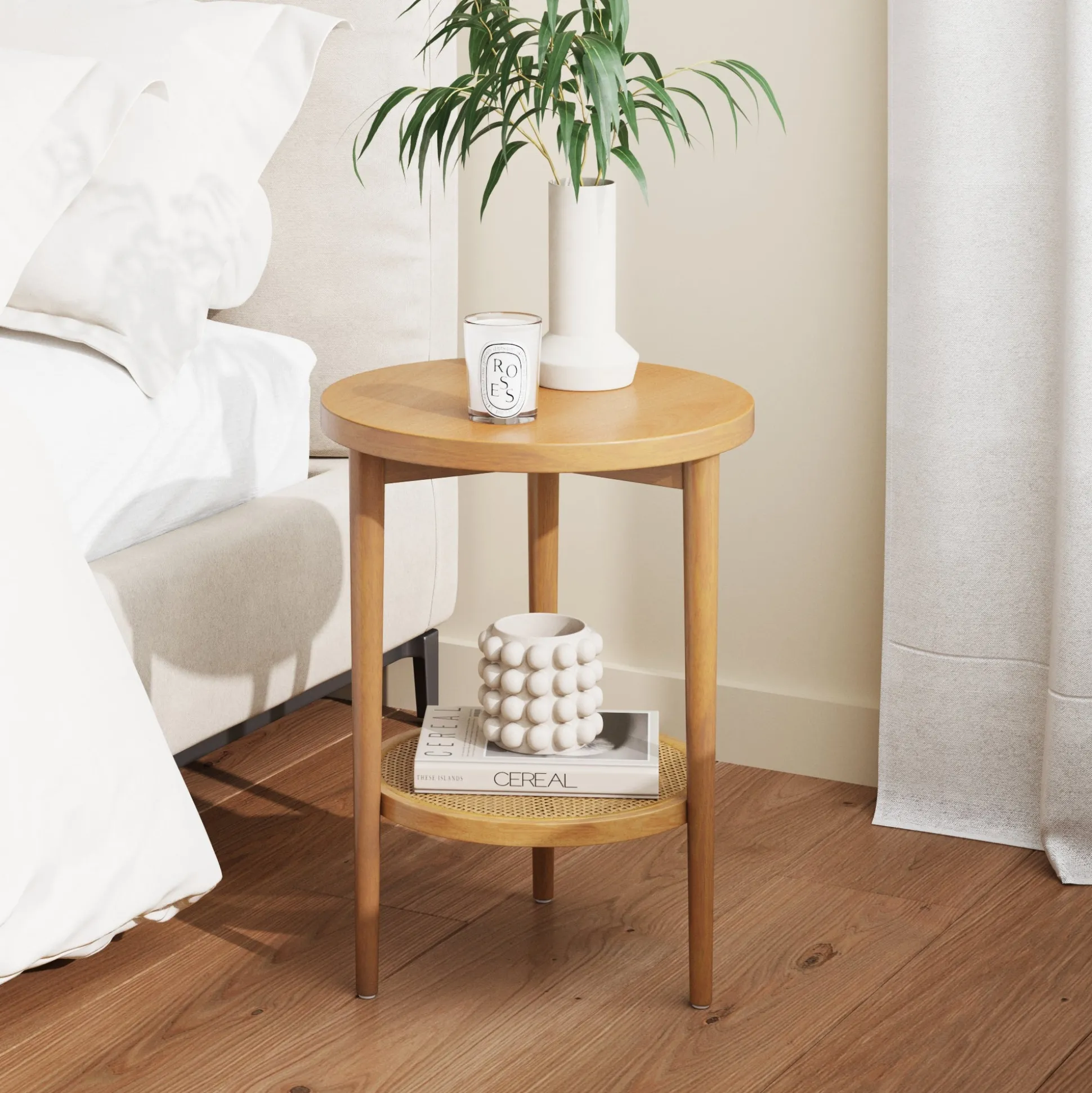 Wood & Rattan Round End Table Warm Pine