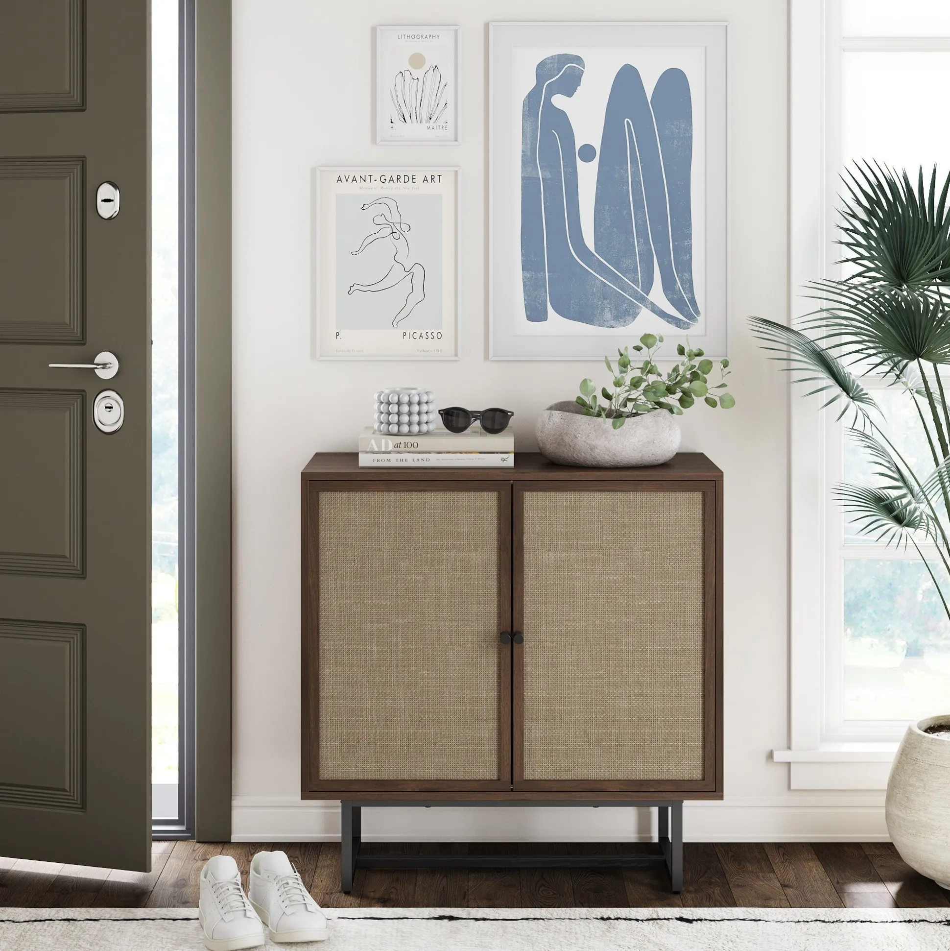 Wood & Rattan Storage Cabinet Walnut