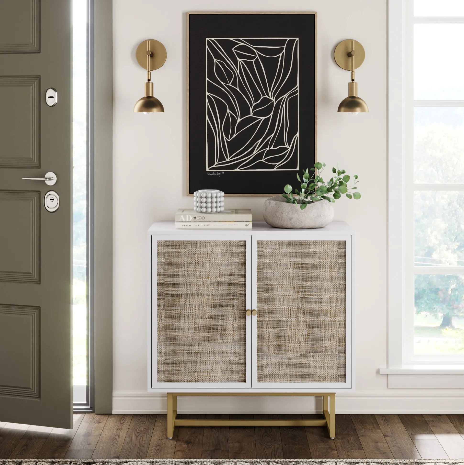 Wood & Rattan Storage Cabinet White