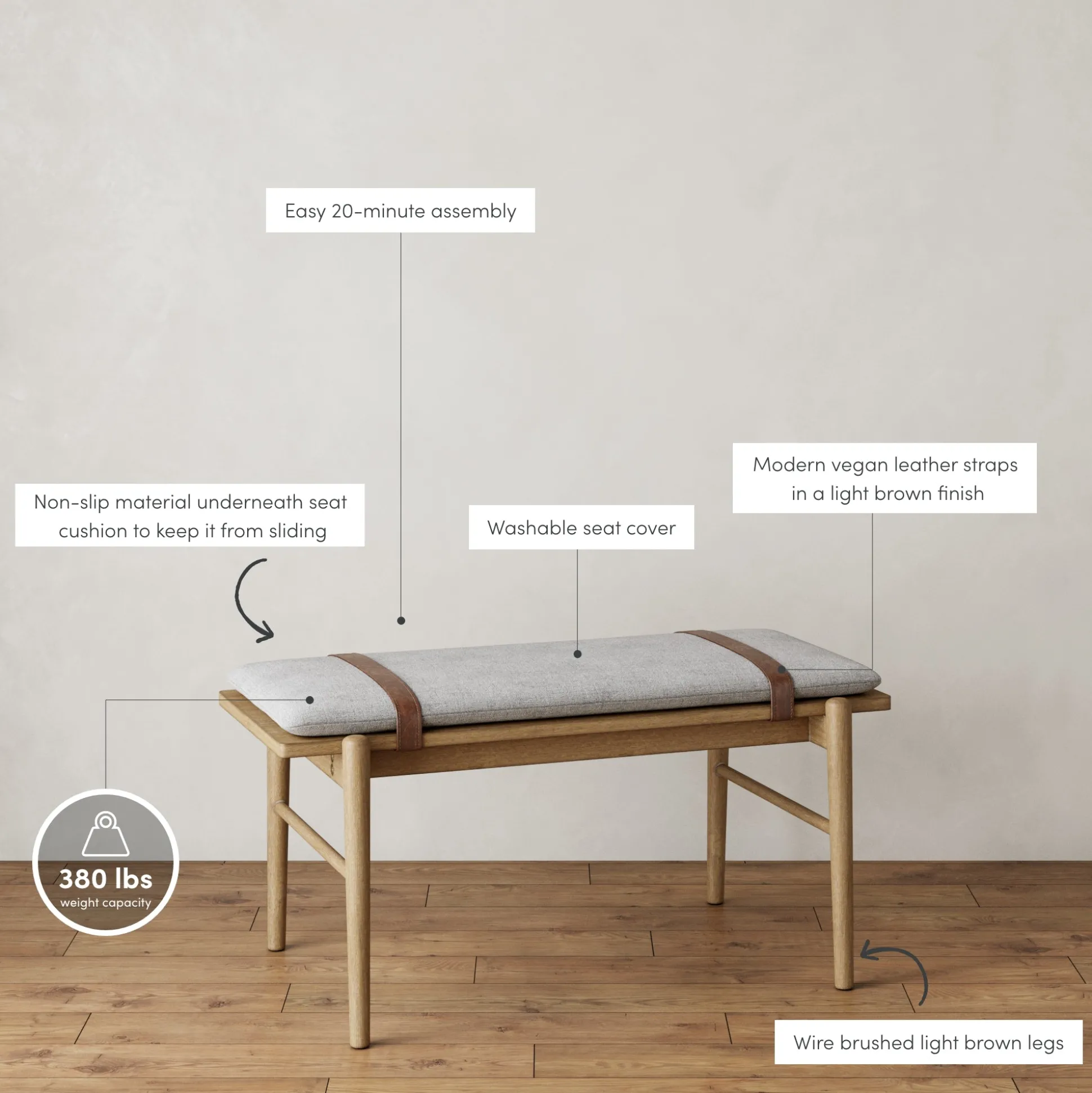 Wood Removable Cushion Upholstered Bench