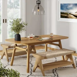 Wood & Seagrass Entryway Bench with Shelf