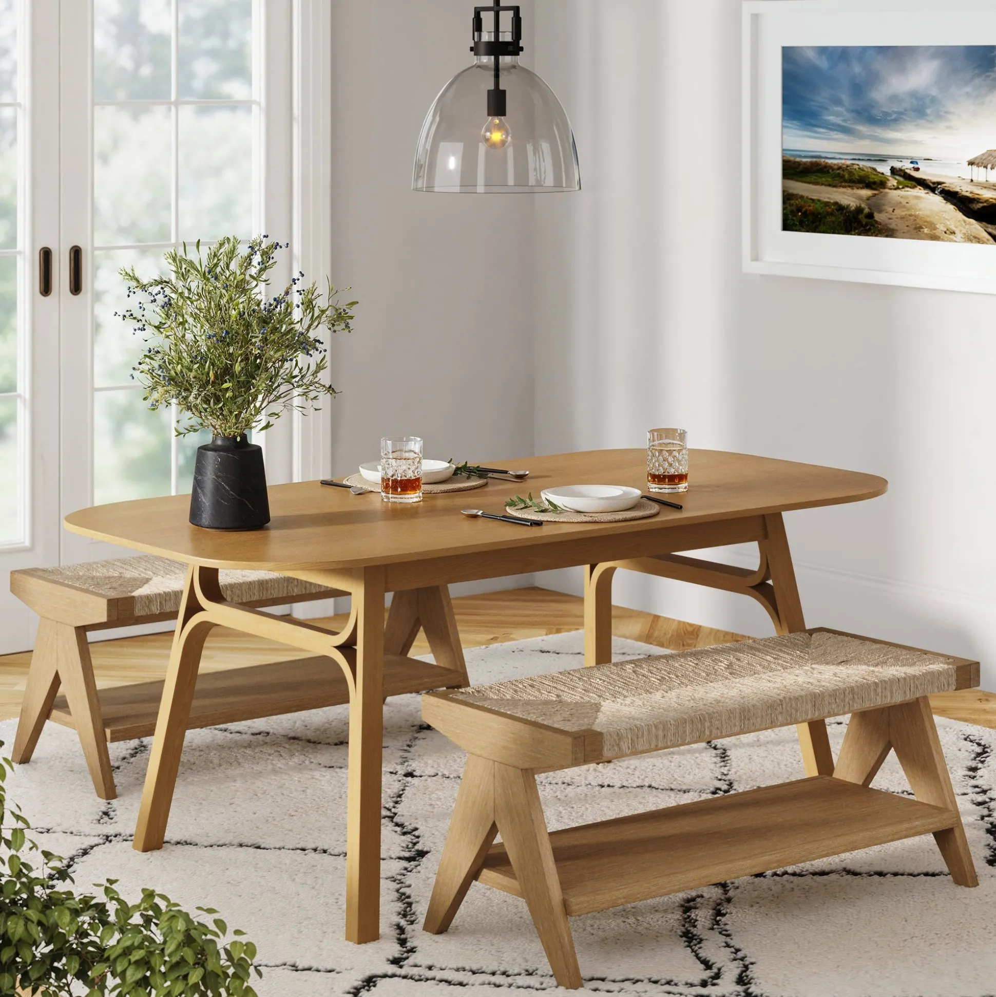Wood & Seagrass Entryway Bench with Shelf