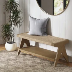Wood & Seagrass Entryway Bench with Shelf