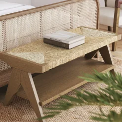 Wood & Seagrass Entryway Bench with Shelf