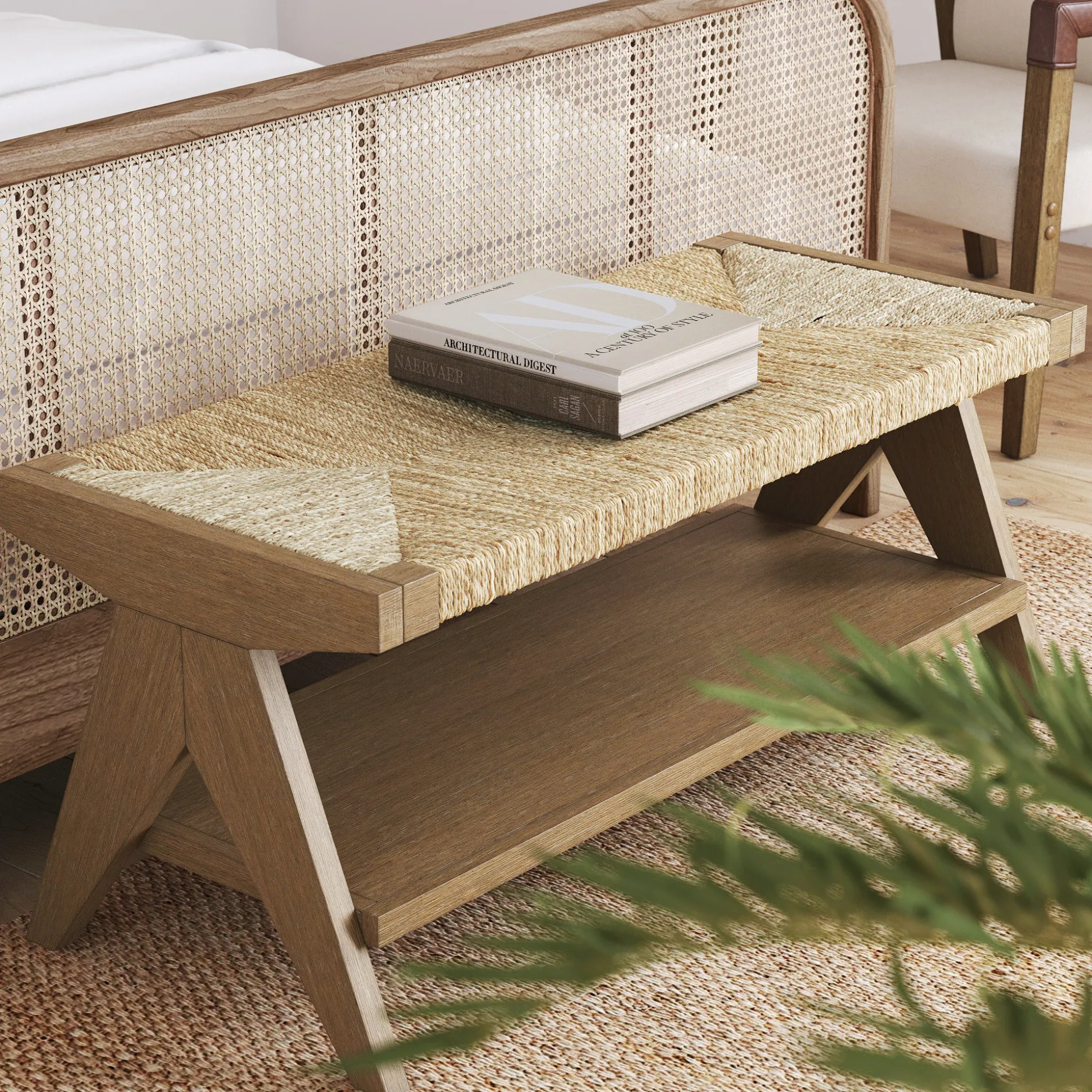 Wood & Seagrass Entryway Bench with Shelf