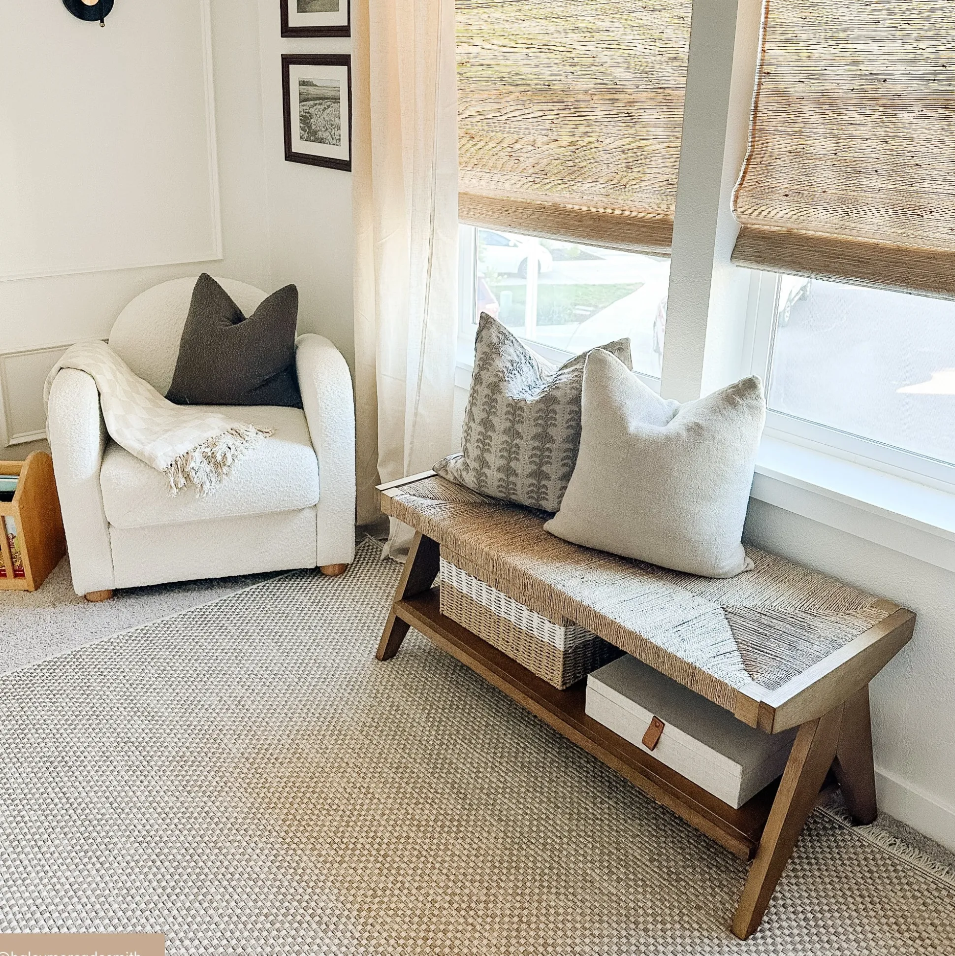 Wood & Seagrass Entryway Bench with Shelf