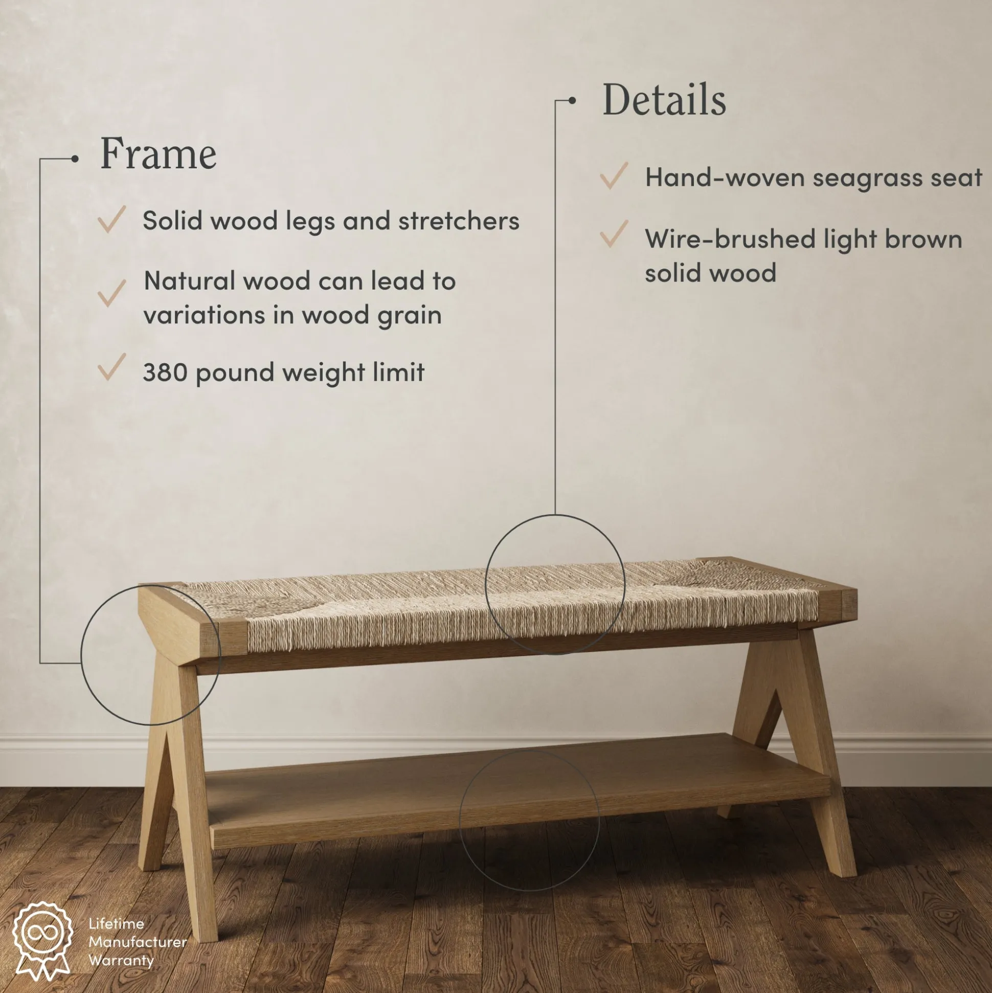 Wood & Seagrass Entryway Bench with Shelf