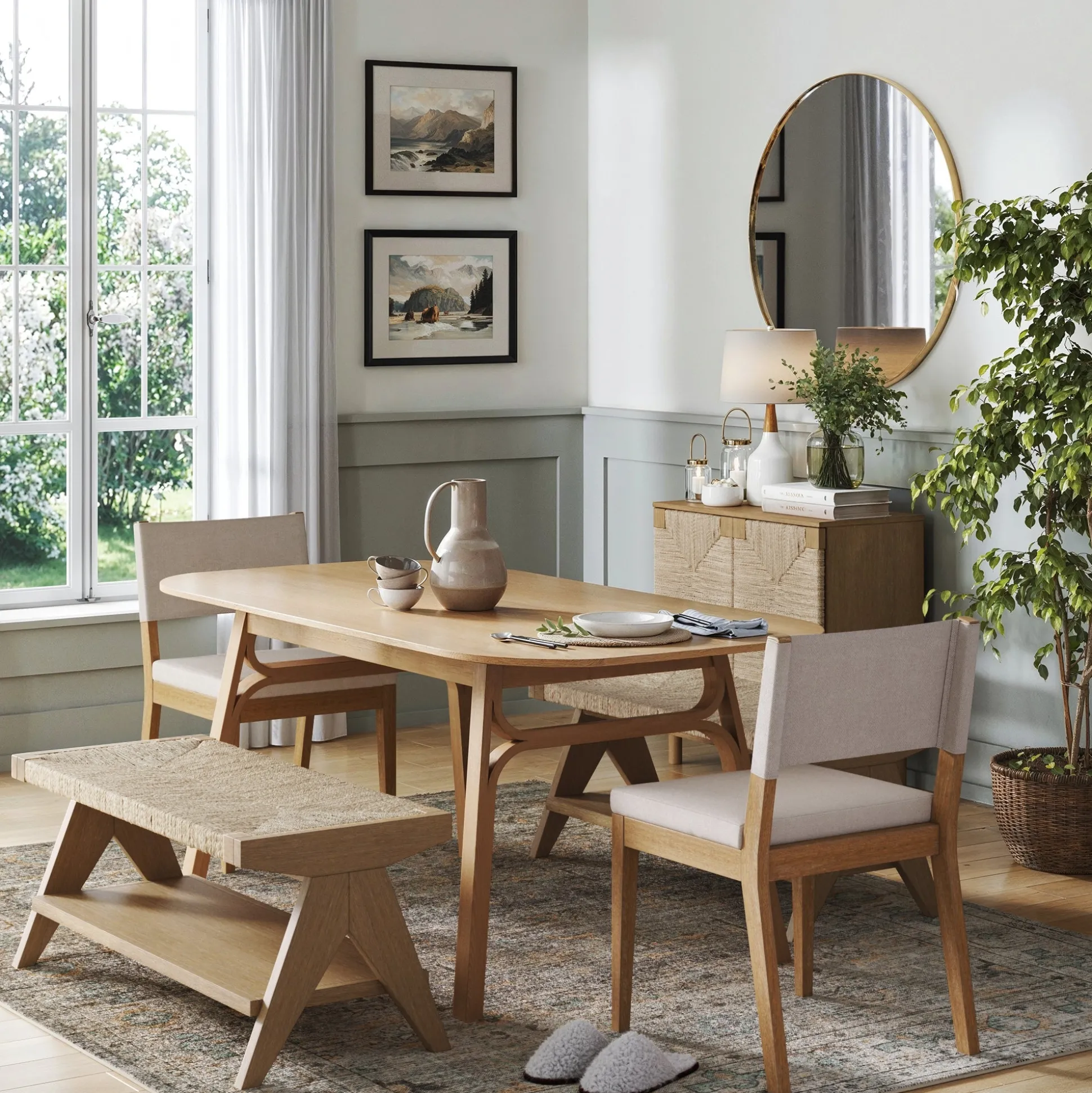 Wood & Seagrass Entryway Bench with Shelf