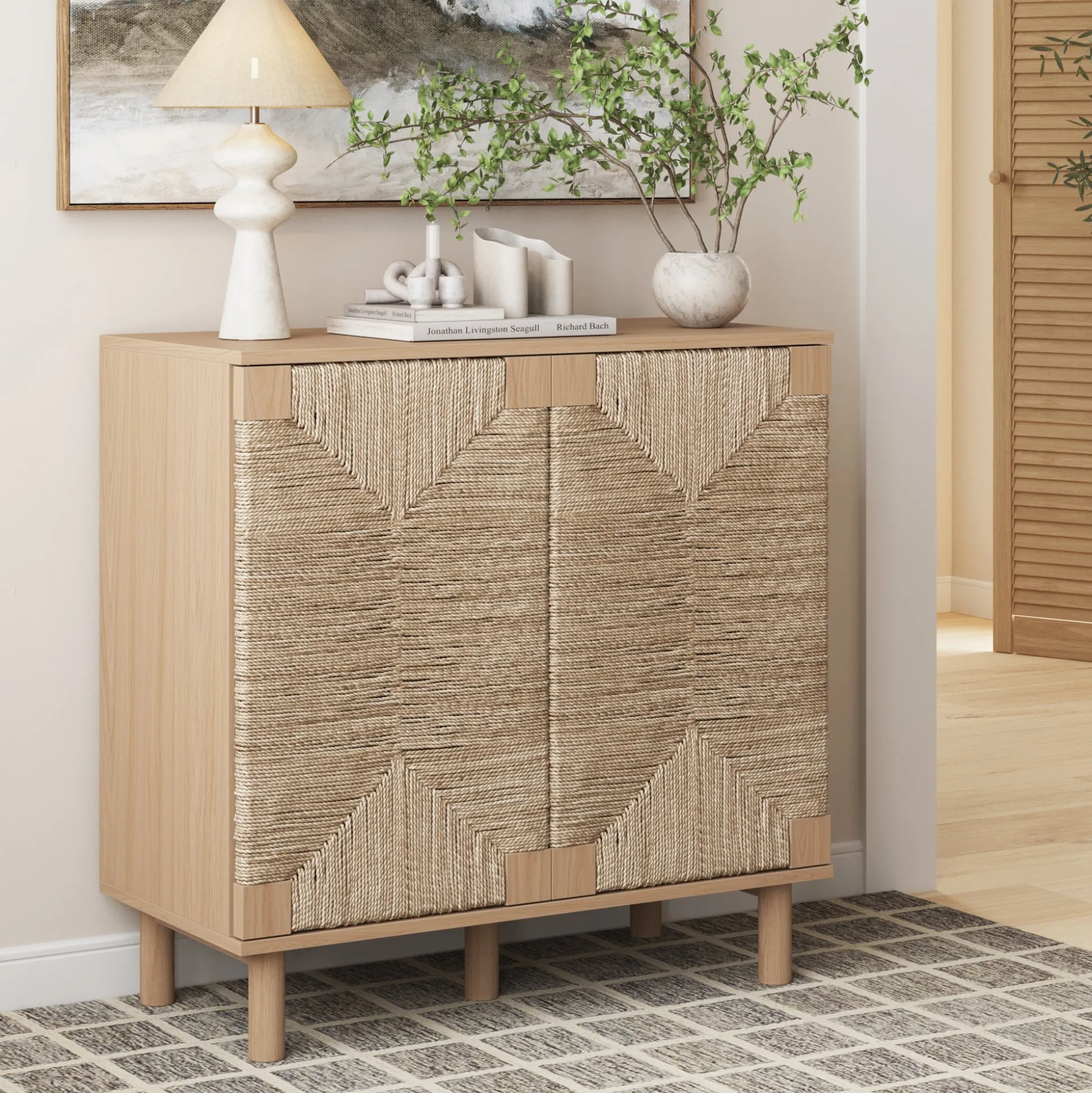 Wood & Seagrass Storage Cabinet Raw Oak