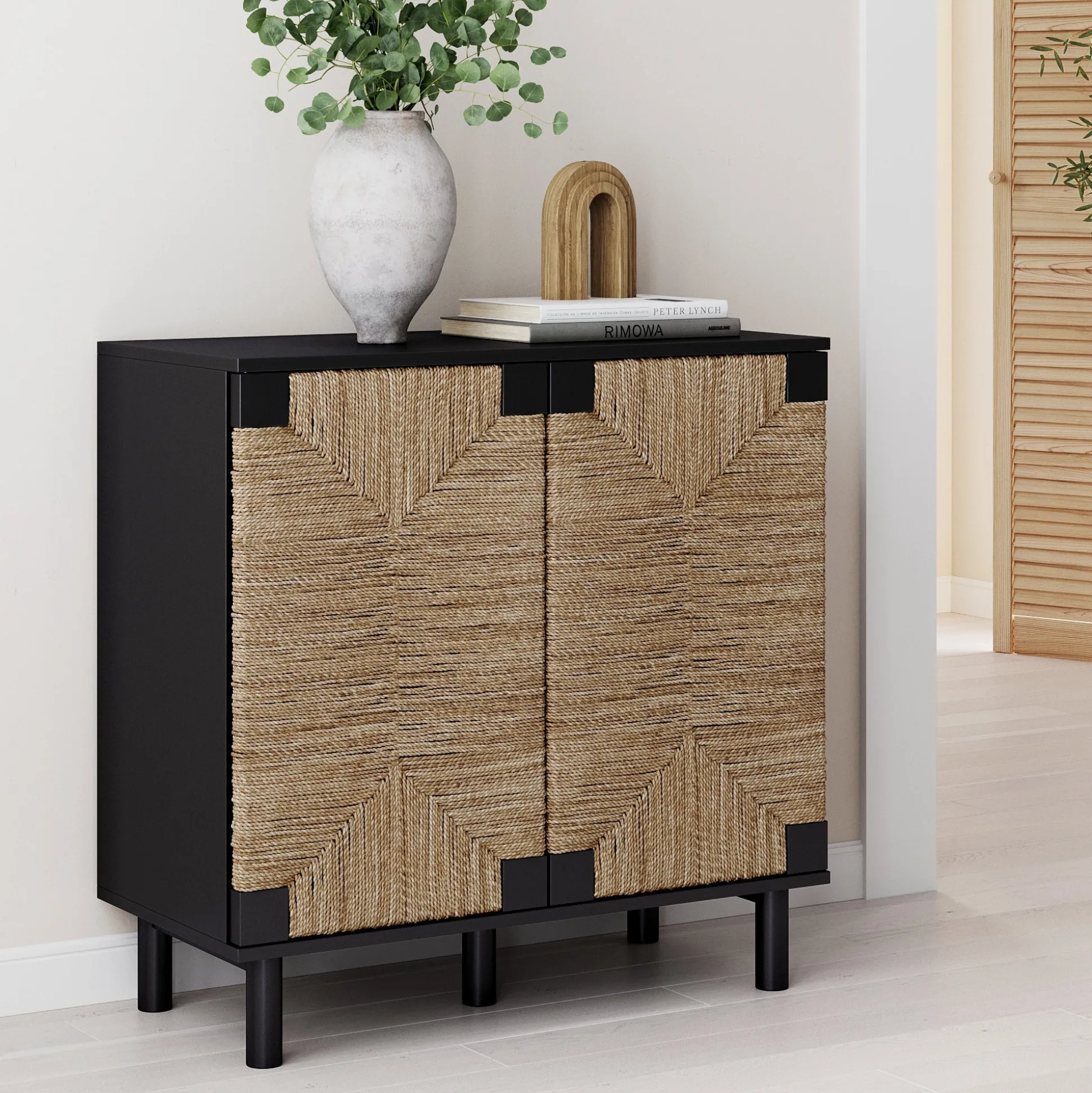 Wood & Seagrass Storage Cabinet Black