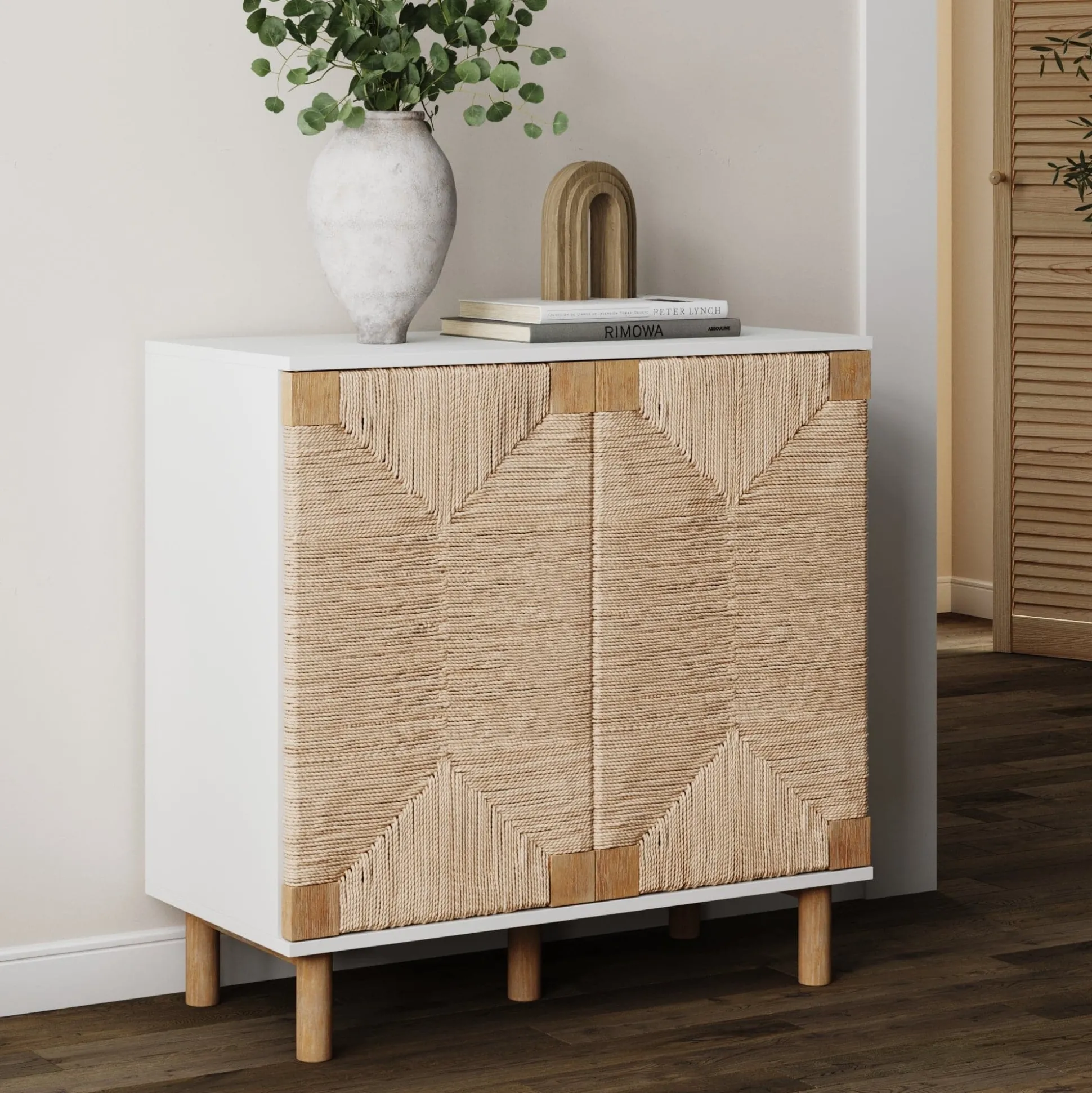 Wood & Seagrass Storage Cabinet White